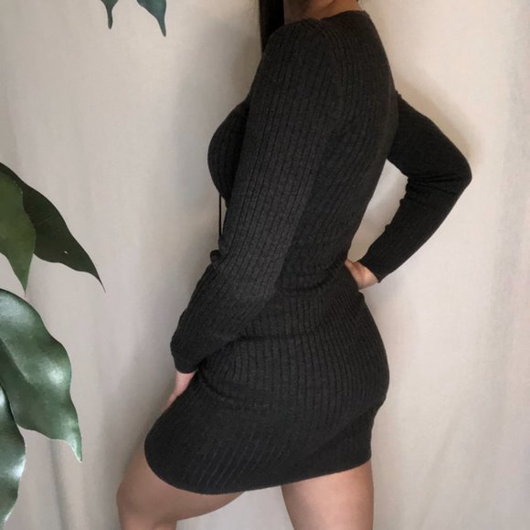 Grey Criss Cross Detail Bodycon Casual Dress - Picture 3 of 12